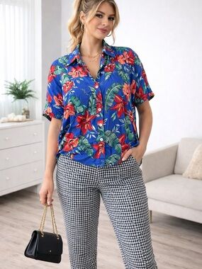 Bershka Royal Blue Floral Button-Down Shirt